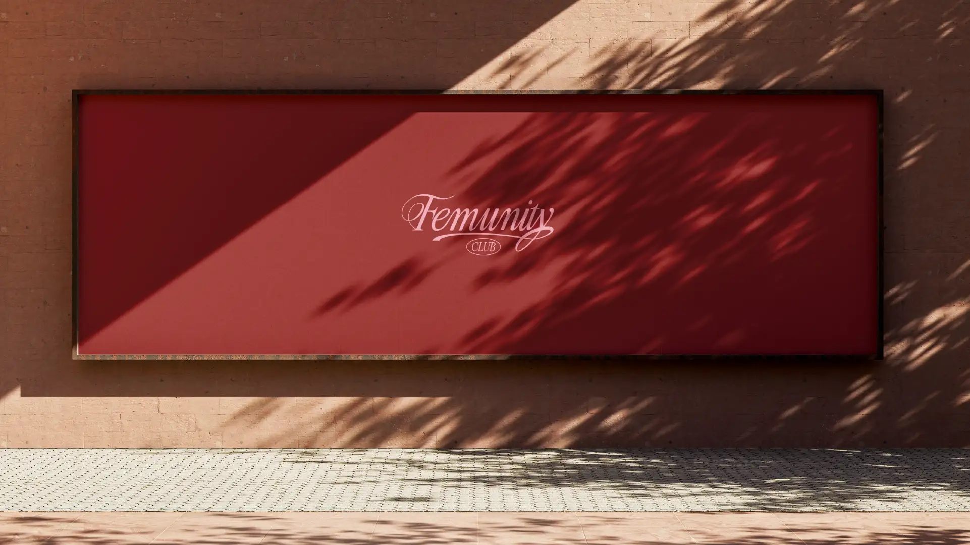 Extra-large Femunity Club billboard with pink logo on burgundy background, sun-drenched terracotta wall, minimalist old money atmosphere