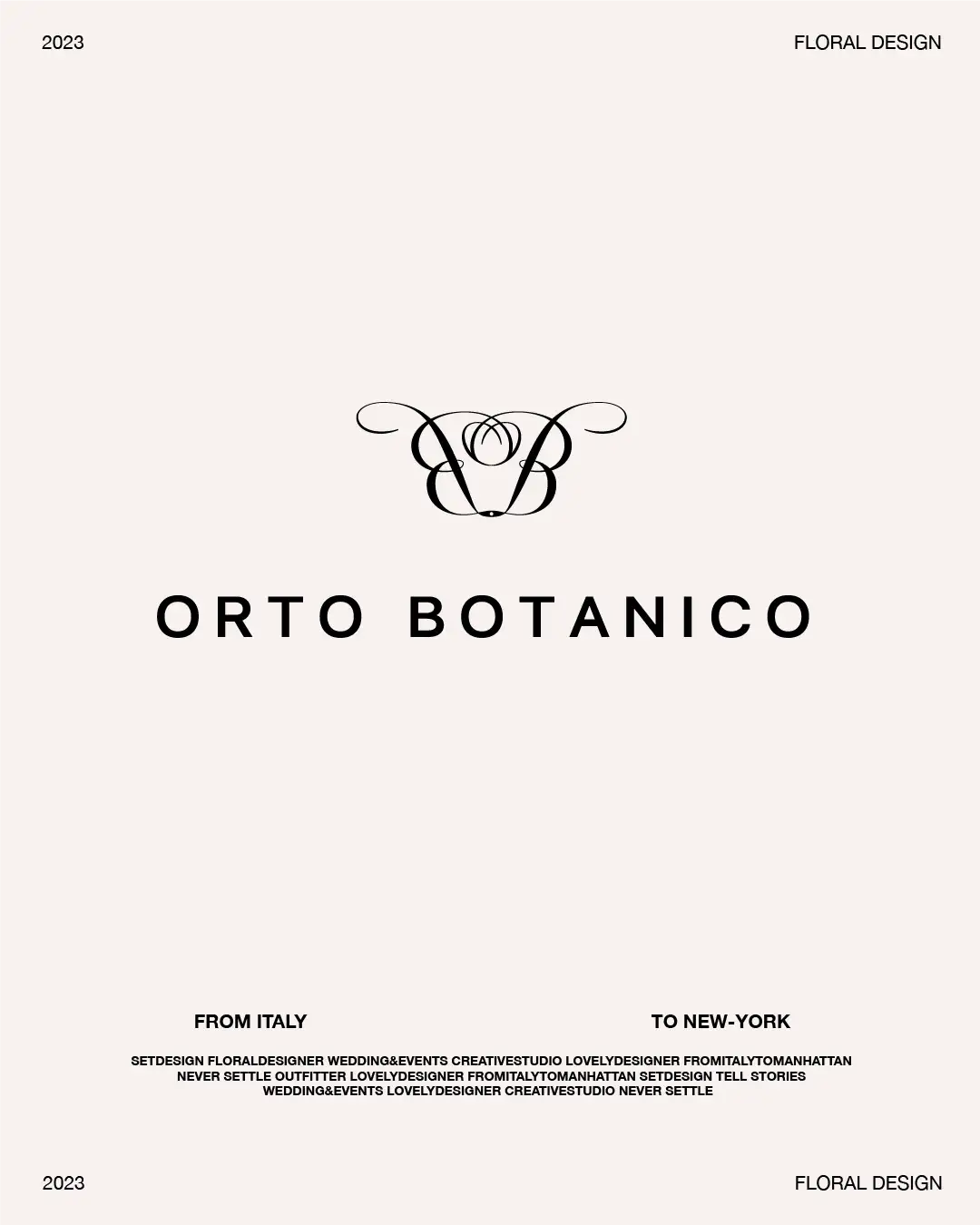 Orto Botanico graphic composition on cream-pink background, centered logo with editorial text below, minimalist refined design