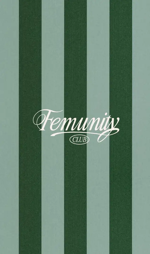 Centered Femunity Club logo on wide striped pattern dark and light green background, old money minimalist aesthetic, refined luxury
