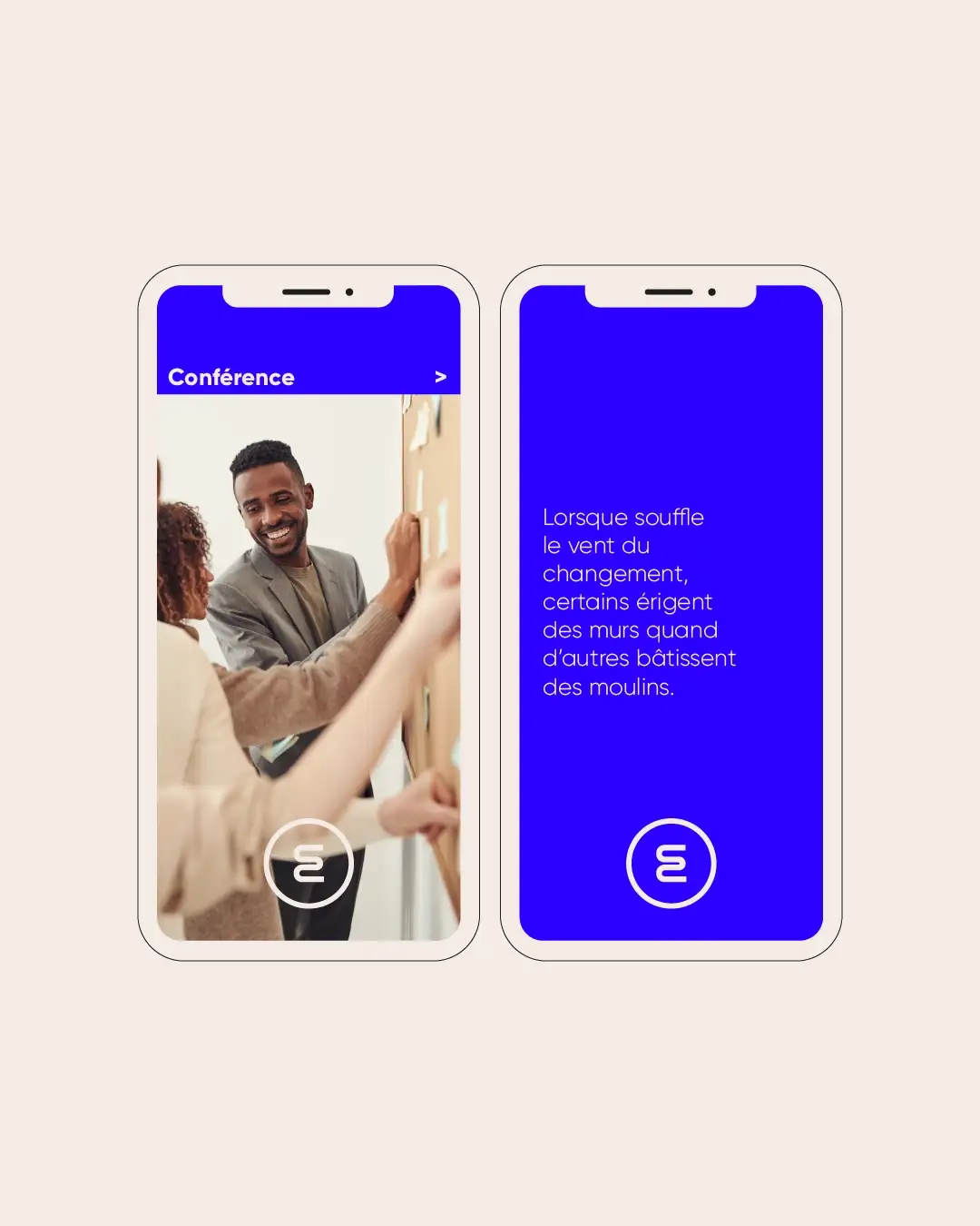 Vector iPhone story mockups pair: CED team workspace photo left side, text-based content on Klein blue background right