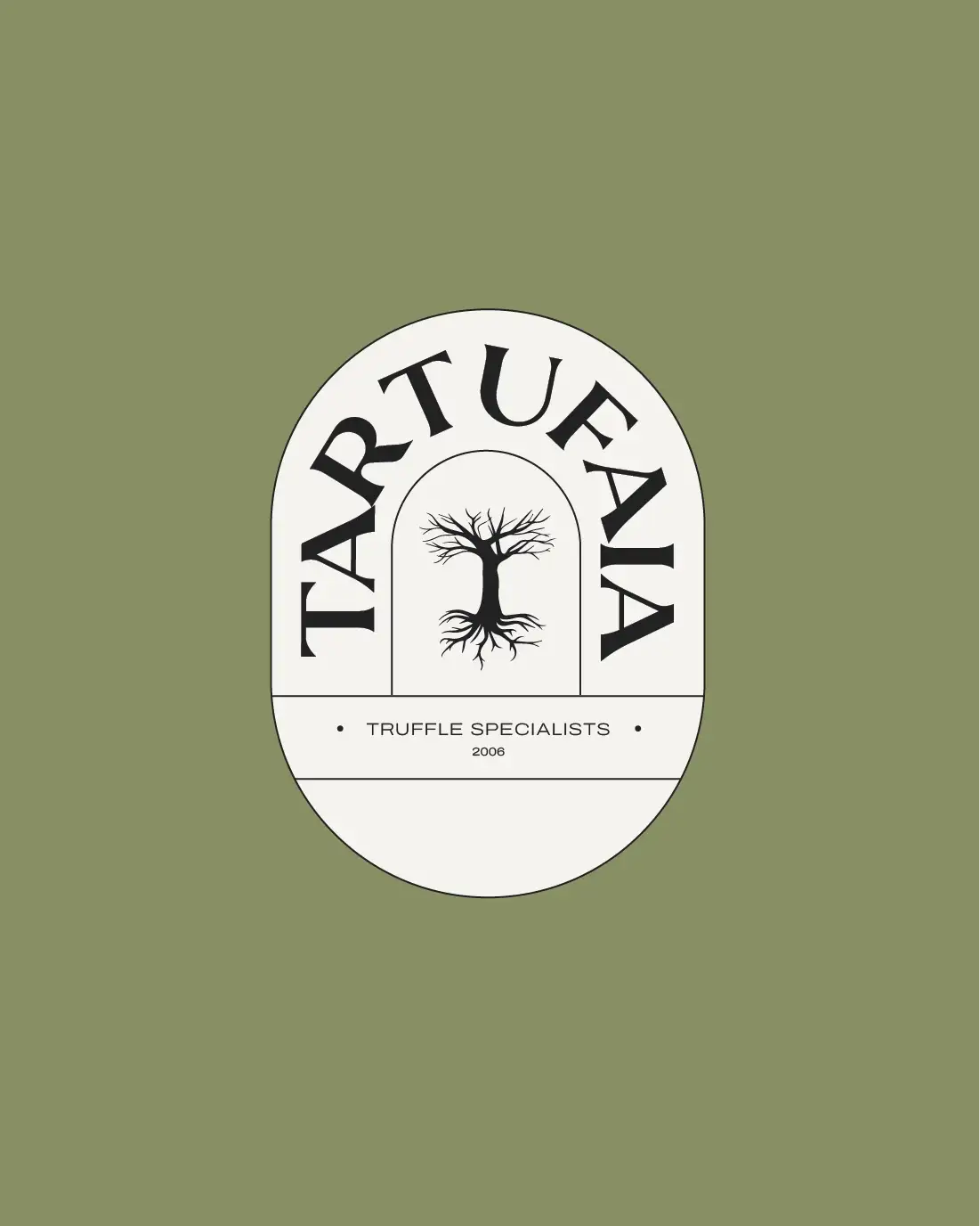 Tartufaia cream oval logo with black typography on textured olive green background, elegant refined accessible design, minimalist gourmet identity
