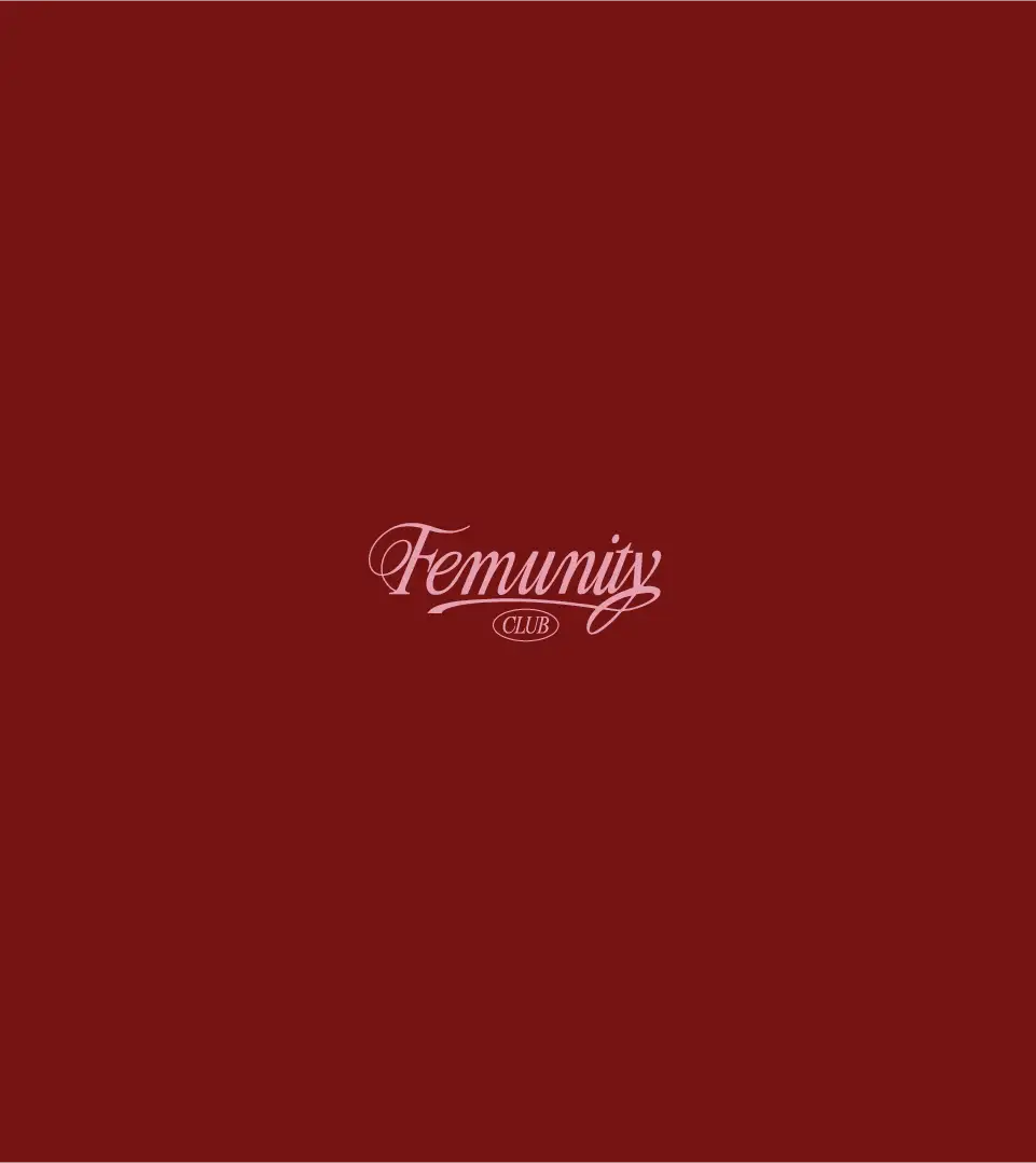 Centered dusty rose Femunity Club logo on deep burgundy background, old money minimalist refined aesthetic