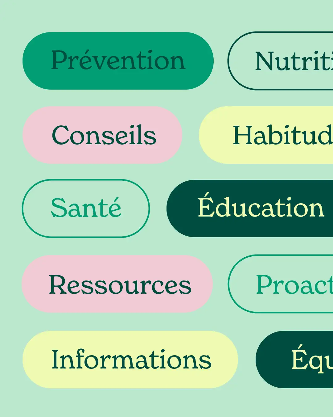 Sakaré interface health wellness category badges mint background: bicolor rounded buttons containing Prevention, Nutrition, Health, Education, Resources, Advice words, colorful accessible design