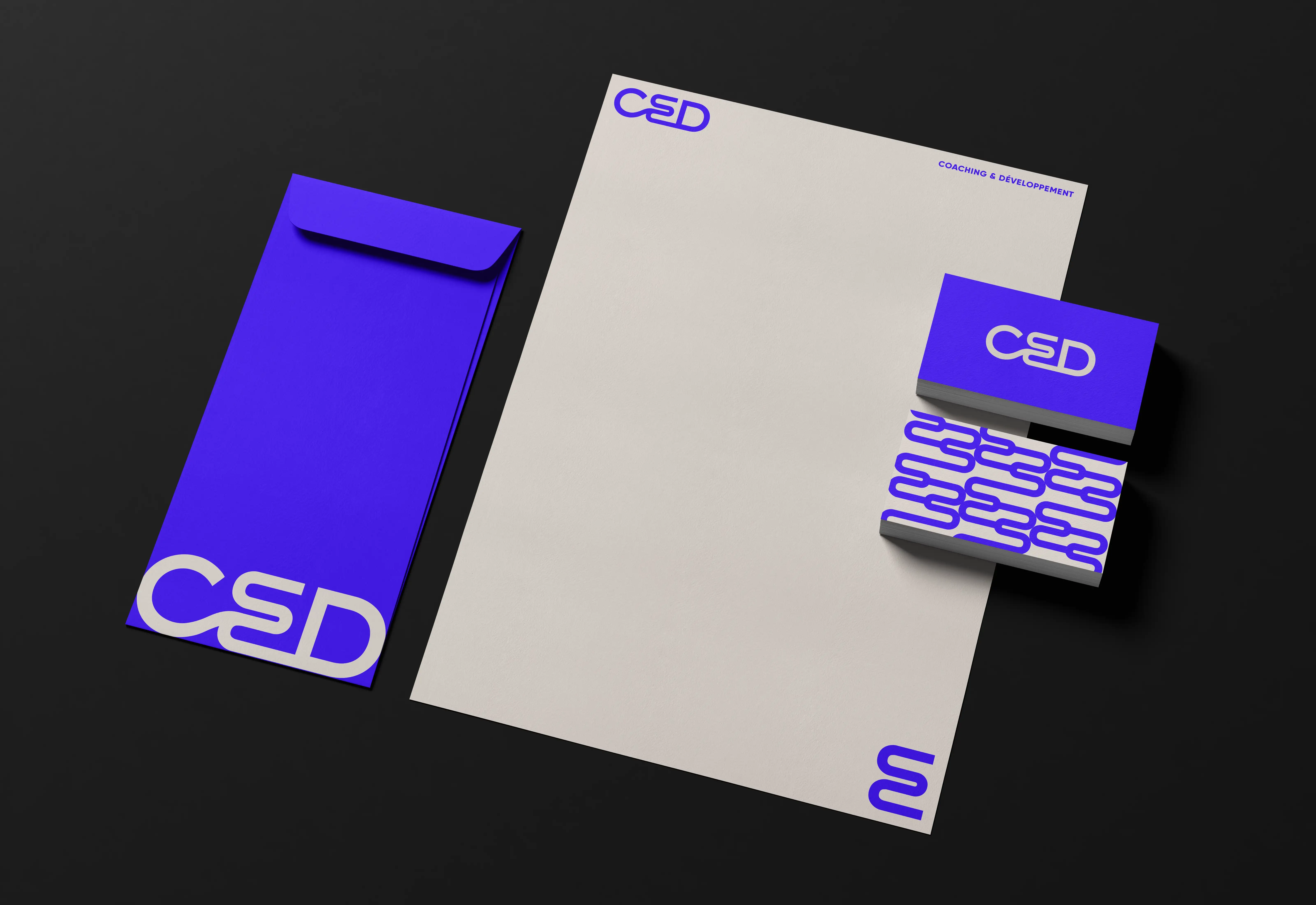 Minimalist CED professional stationery set: vertical US envelope, letterhead and double-sided business card with Klein blue logo, clean composition