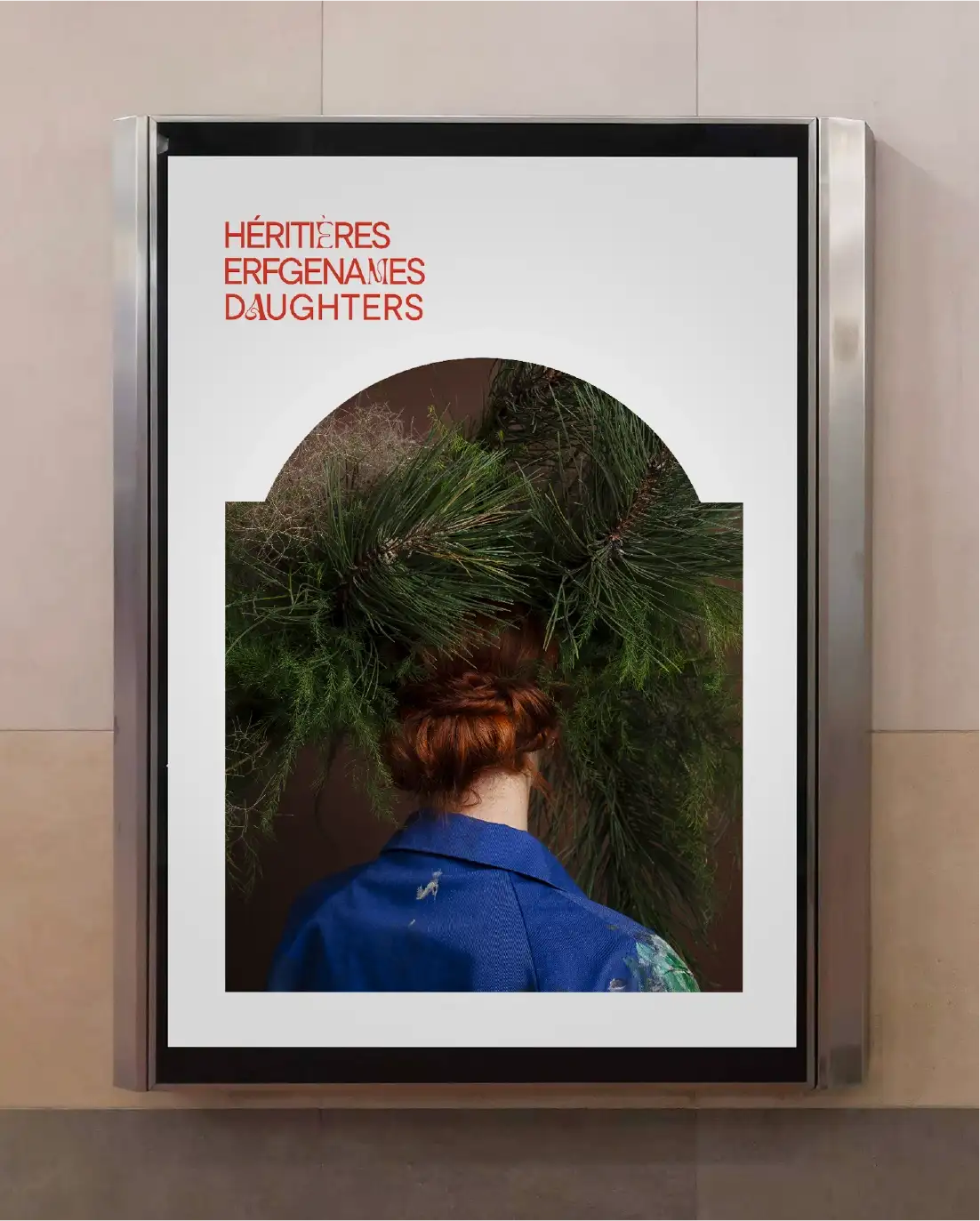 Héritières JCDecaux metro poster: artist back view blue stained apron monumental flowers on head, trilingual logo, art deco frame, photo Barbara Salomé Felgenhauer design Céline Boveroux, minimalist white