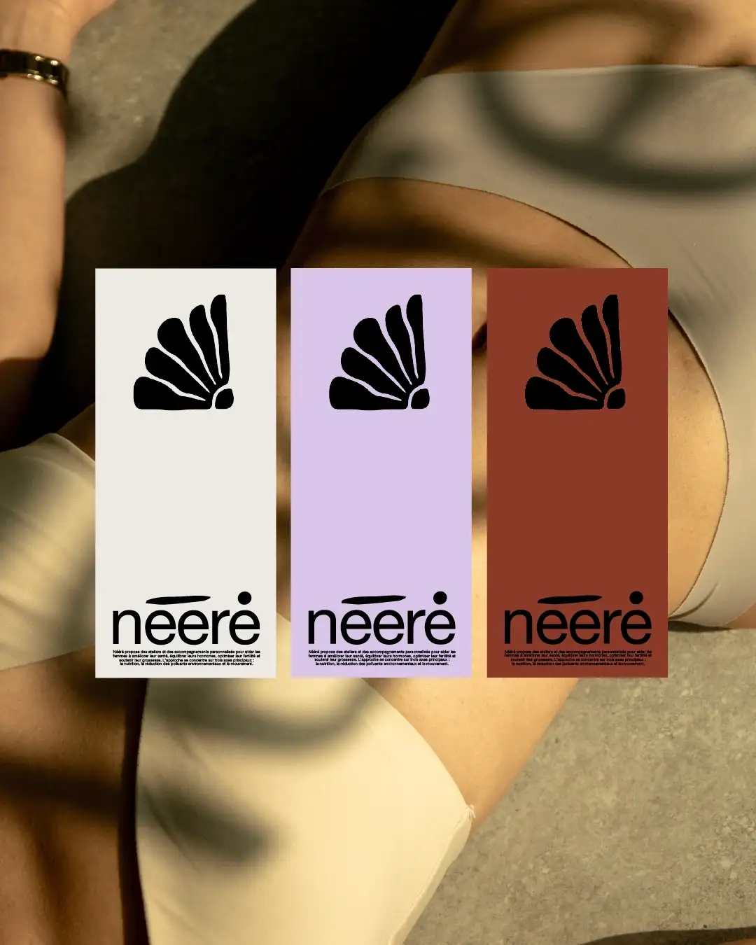 Three Nééré rectangles in brand palette (cream, lilac lavender, dark terracotta) with dark organic floral illustration and logo, layered over female body in underwear with shadow-light play, confident minimalist atmosphere